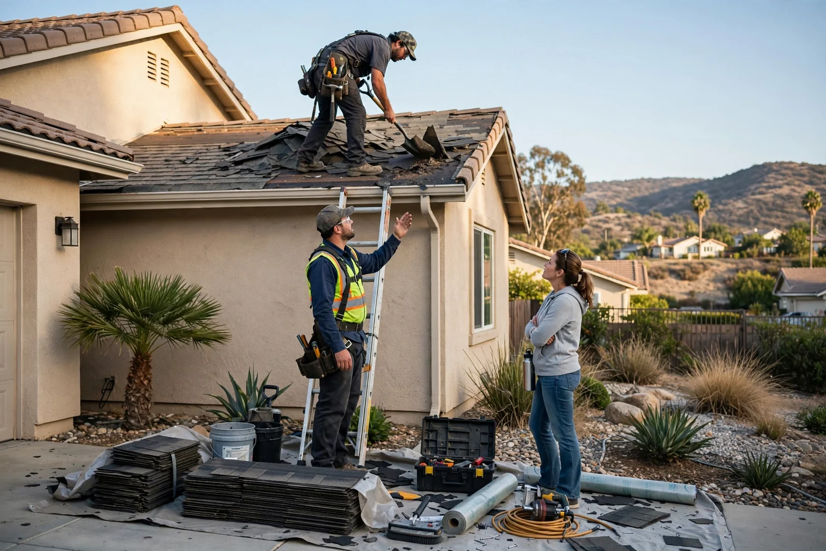 Roofing crew staging materials and safety gear on a Murrieta home before tear-off
